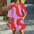 thumbnail image 2 of Abstract Red Pink Swirl Pattern Womens Dress With Pockets Summer V Neck 3/4 Sleeve Dress Plus Size Loose Dress, 2 of 7