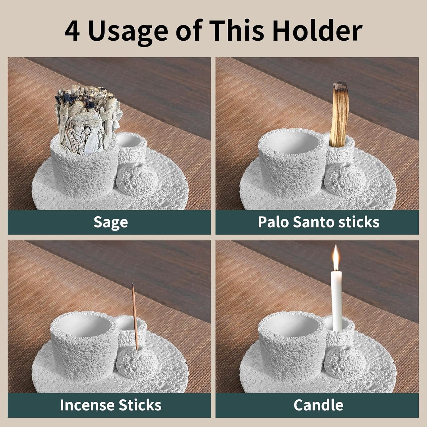 ABPETE 4-in-1 Cement Holder for Incense Sticks, Palo Santo, Sage Sticks & Candles - Multi-Purpose Burner for Aromatherapy & Meditation (Creamy)