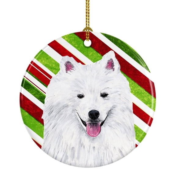 American Eskimo Candy Cane Holiday Christmas Ceramic Ornament SC9339