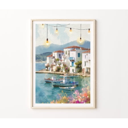 Samos Greece Aegean Island Coastal Harbor Village Wall Art, Unframed Paper Poster 8x10in