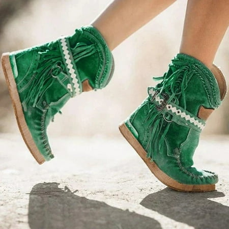

Women s Fashion Flat Fringe Boots Ladies Vintage Round Toe Slip On Shoes