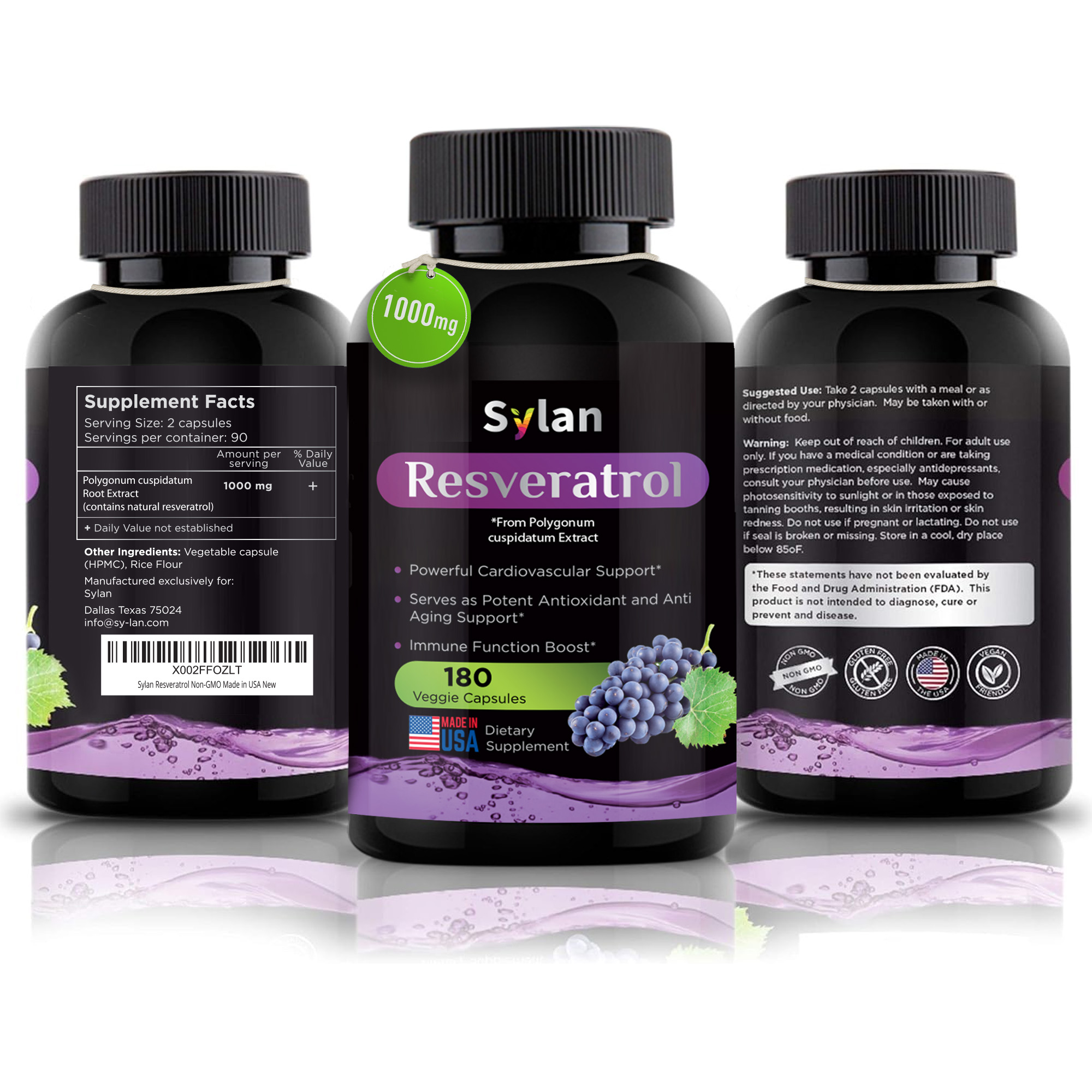 Sylan Trans Resveratrol Supplement 1000mg Polyphenols Supplement 180 Capsules Veggie Non-GMO Made in USA