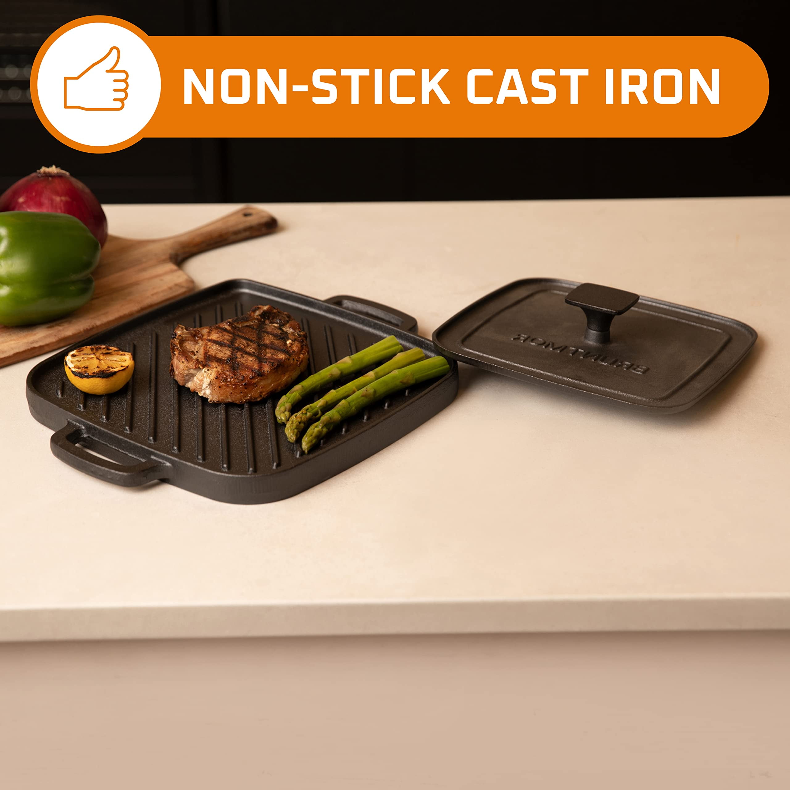 Overmont Pre-Seasoned 17x9.8 Cast Iron Reversible Griddle Grill Pan with Handles for GAS Stovetop Open Fire Oven, One Tray, Scrapers Included