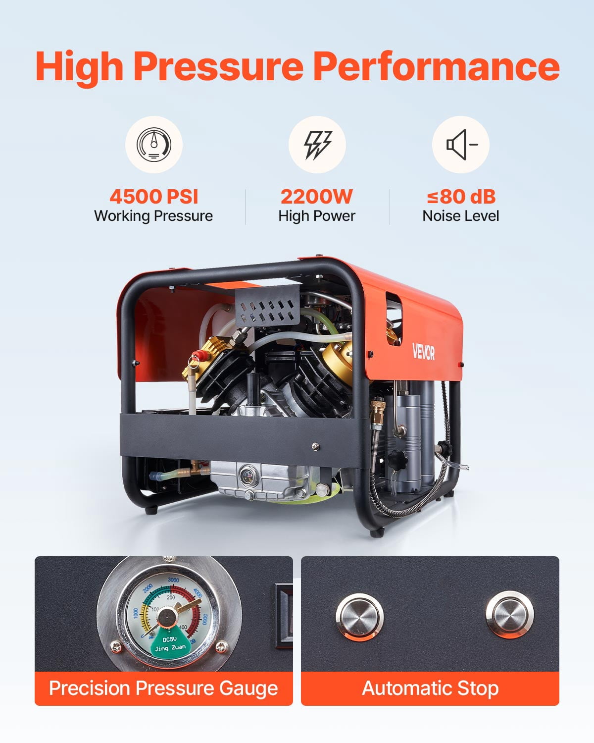 VEVOR PCP Air Compressor, 4500PSI/30Mpa Diving Scuba Tank Air Compressor, Double Cylinder Auto-Stop PCP Diving Compressor with Built-in Water & Fan Cooling System for Paintball,Air Rifle,Scuba Tanks