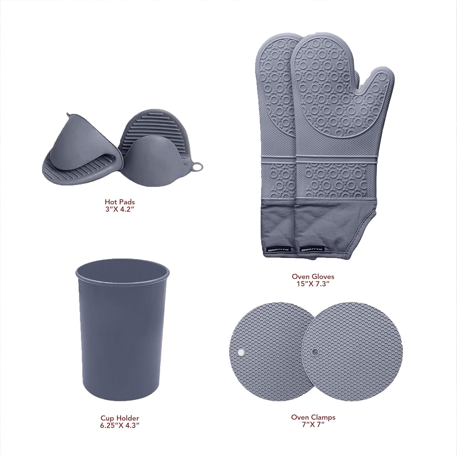 OVENTE Silicone Cooking Utensils Set, 17pcs, Heat Resistant, Grey SPS17G | Kitchen Tools and Gadgets for Nonstick Cookware, BPA-Free Spatula Set with Wooden Handle, Cup Holder, Oven Gloves & Hot Pads