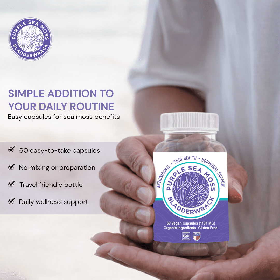 Purple Seamoss + Bladderwrack Seaweed Capsules - 2202mg Complete Nutrient Profile, Wildcrafted & Wildharvested, Made in the USA, Rich in Minerals, 60 ct
