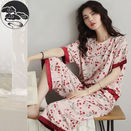 

QWZNDZGR Summer Knitted Cotton Floral Pajamas Set Women Pyjamas Elegant Sleepwear Nightwear Pijama Mujer Plus Size Calf-Length Pants Home
