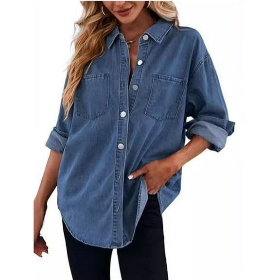 YOUSNH Women's Casual Button Down Denim Shirt Long Sleeve Boyfriend Oversized Jean Jacket with Pockets Womens Coats Blue XXL