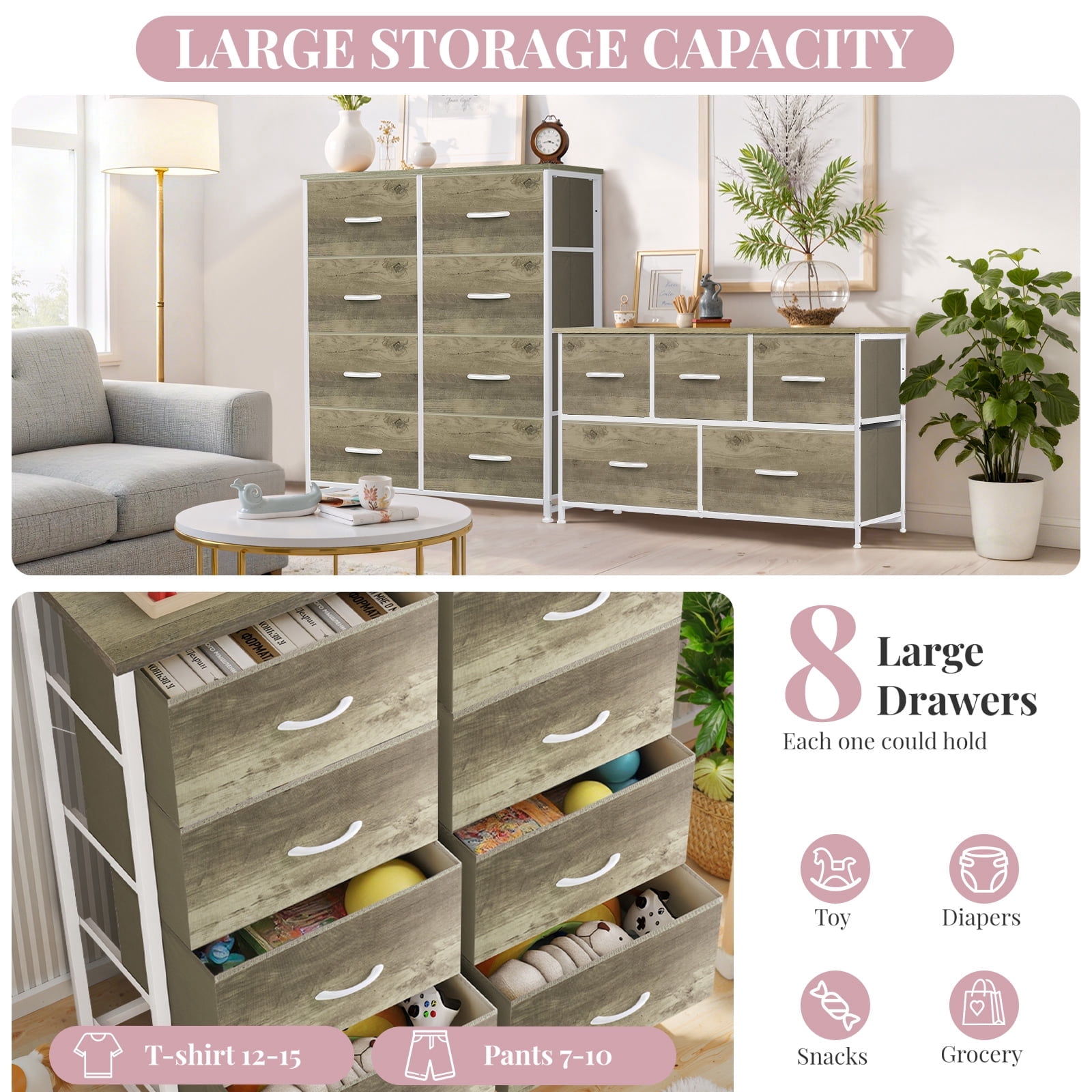 Dresser, Betcozy Storage Organizer with 8 Drawers for Bedroom, Chest of Drawers with Sturdy Metal Frame, Wood Tabletop for Closet, Nursery, Smoked ash