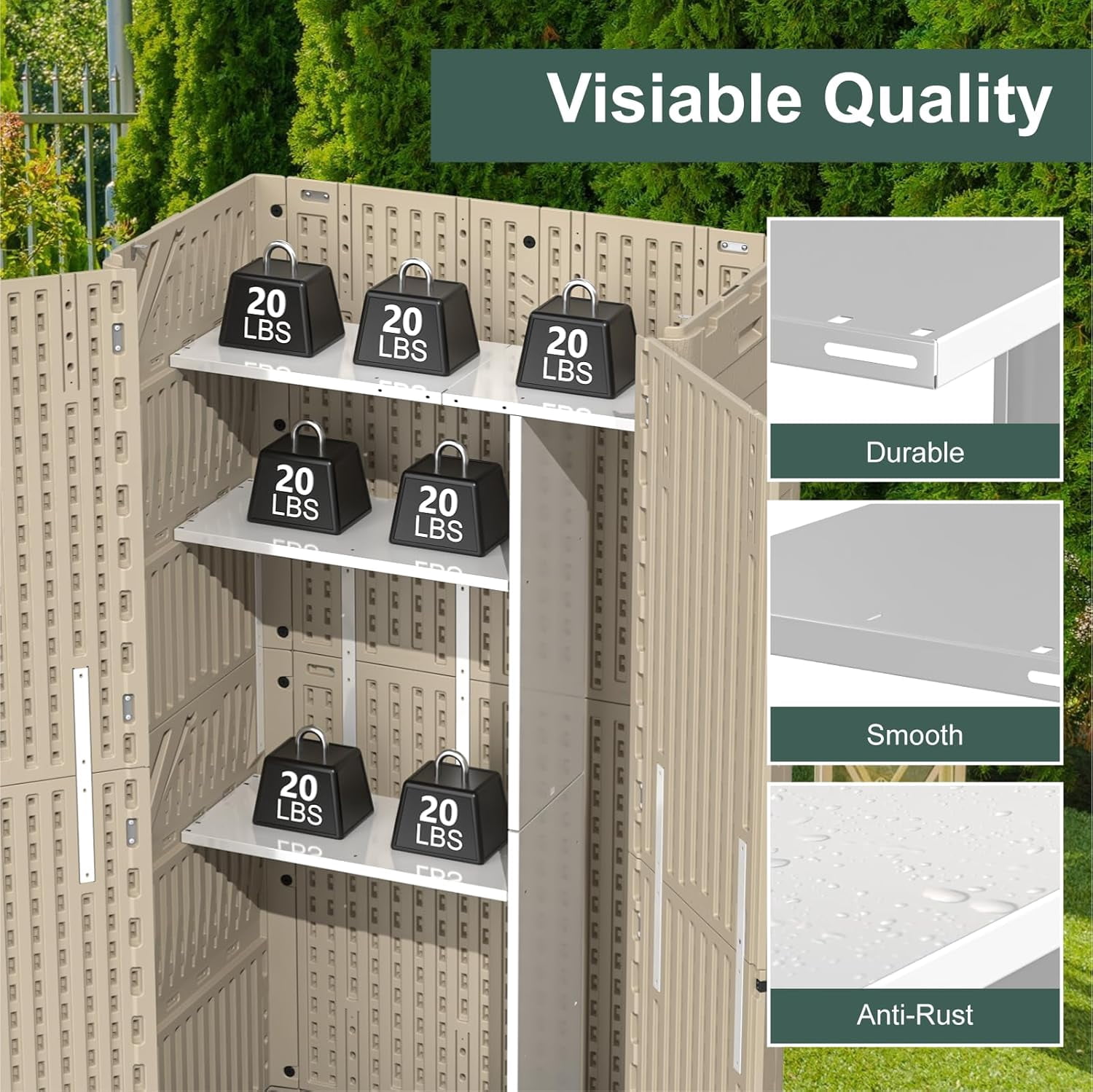 EVOKEDEN Vertical Storage Shed Shelf, Weatherproof Metal Shelf for 60 cuft Tool Cabinet, 45.6''L×13.2''W×69.9''H, White