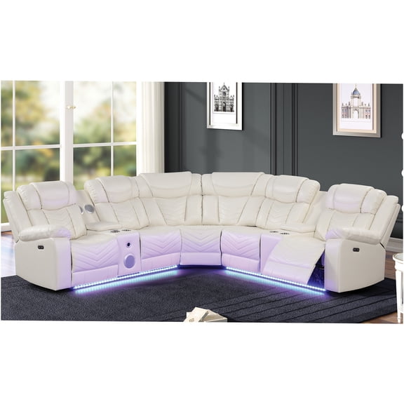 JERFIT Modern Power Recliner Sectional Sofa with USB Charging, Cup Holders, LED & Bluetooth in Beige Faux Leather