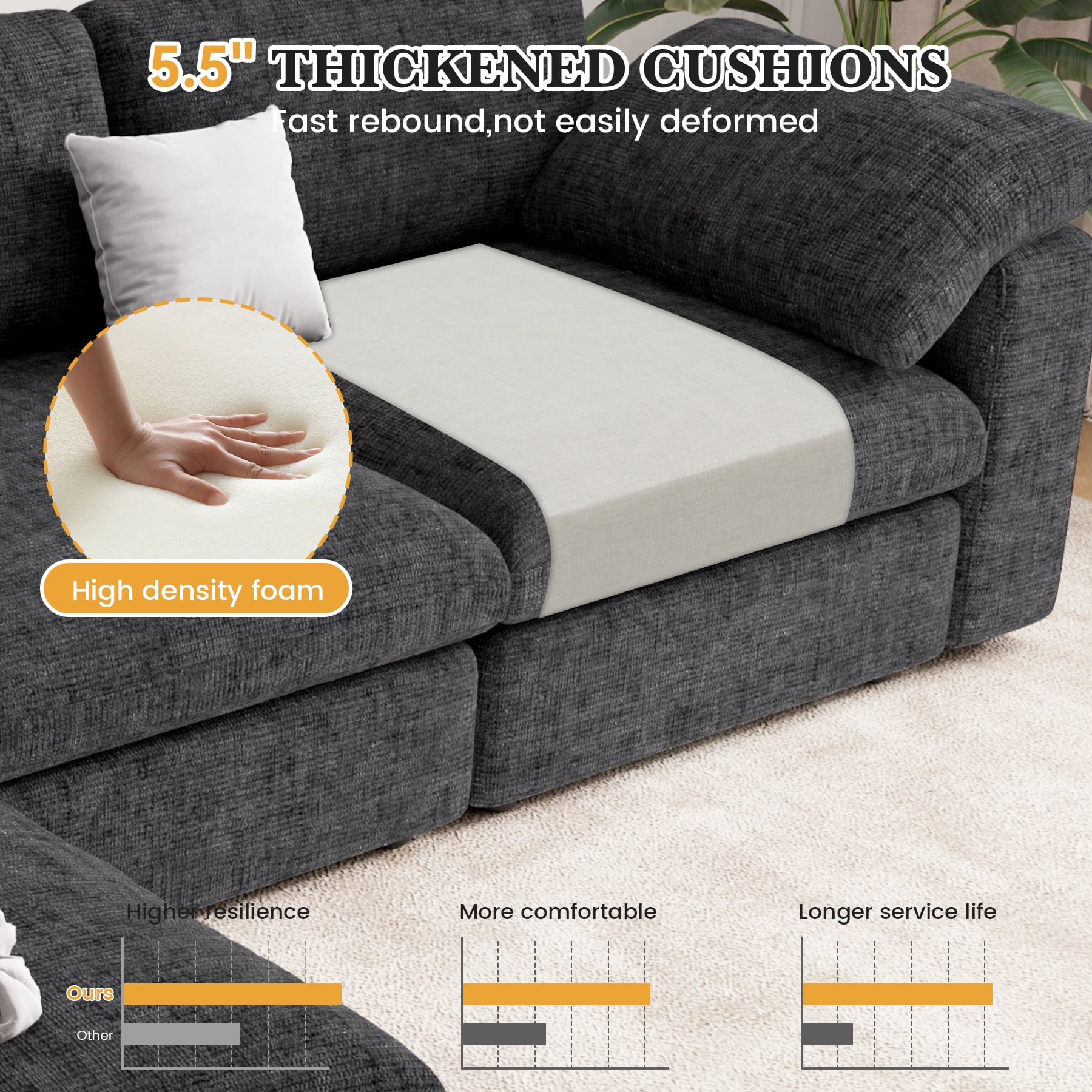 MOONMISS 118" Oversized Modular Sectional Sofa, L Shaped 3 Seaters with Storage Ottoman Cloud Couch Sofa Set, Modern Convertible Chenille Deep Seat Sectional Couches for Living Room,Black