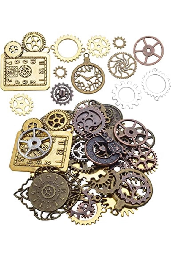 100g(30-40PCS) Mixed Color Alloy Steampunk Gears Charms Clock Face Charms Gears Cogs Charms Pedants Jewelry Findings for Crafting DIY Jewelry Making Accessory