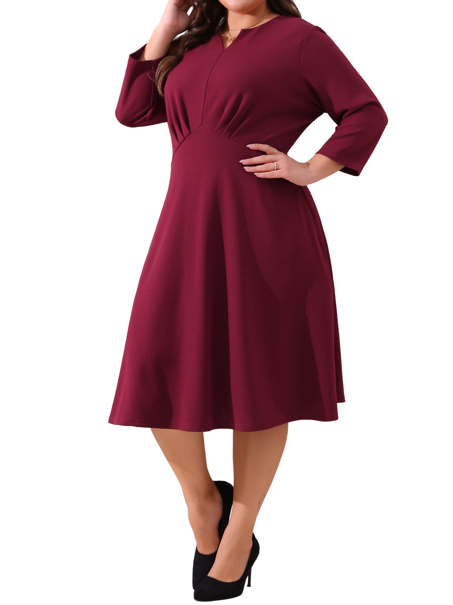DARING DIVA Plus Size Midi Notched V Neck 3/4 Sleeve A-Line Dress 3X Burgundy