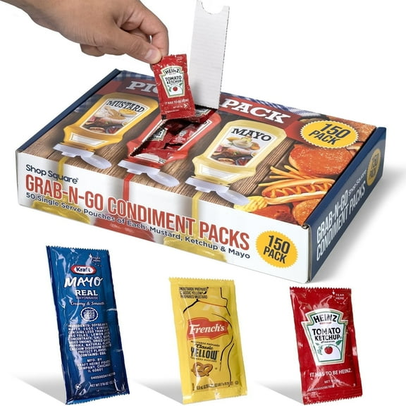 Grab-n-Go Condiment Packs - 150 Count, Ketchup, Mustard, and Mayo - Great for Picnics, Boxed Lunch, BBQ, Travel, Picnic and Parties (50 Each)