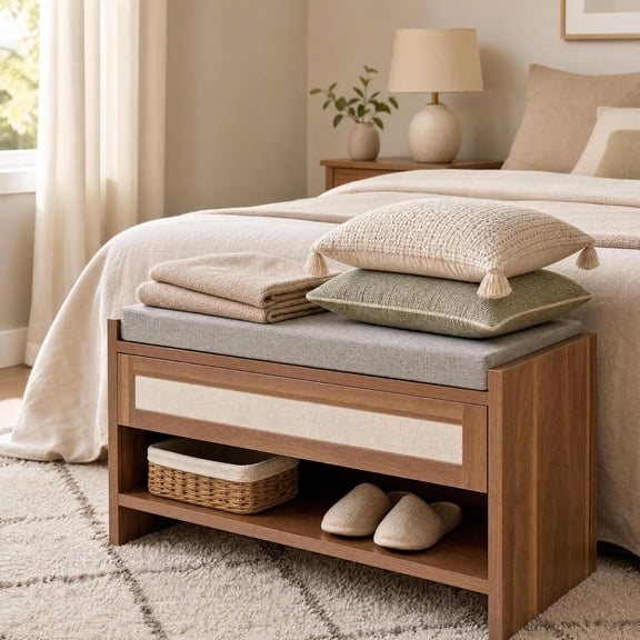 Entryway Shoe Bench with Storage Drawer and Cushioned Seat, 30.7 in Wooden Shoe Rack Bench for Hallway, Mudroom, Freestanding Storage Bench,Brown