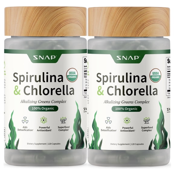 Snap Supplements Organic Chlorella Spirulina Capsules - Plant Vitamins, Super Greens, 120 Capsules, 2-Pack