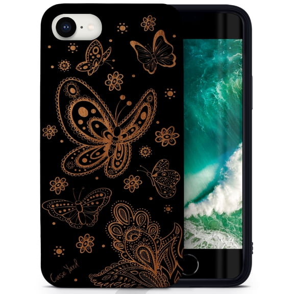 Case Yard Wooden Case for iPhone-SE Soft TPU Silicone cover Slim Fit Shockproof Wood Protective Phone Cover for Girls Boys Men and Women Supports Wireless Charging Butterflies Design