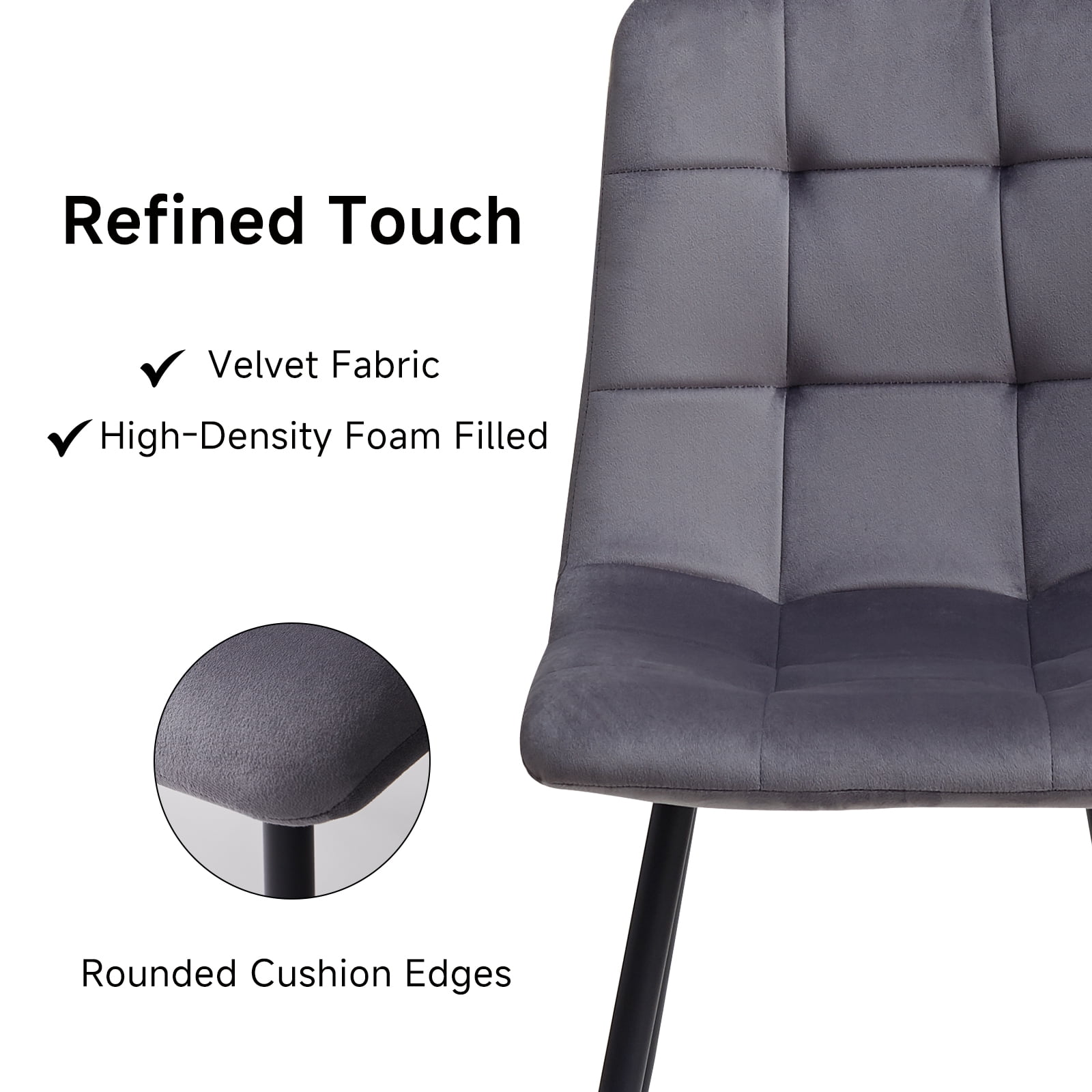 Set of 4 Velvet Dining Chairs - Mid Century Modern Dinning Chair, Upholstered Cushion Seat, Square-Patterned Backrest, Grey, Dinner Chairs with Metal Legs for Dining Living Room, Bedroom