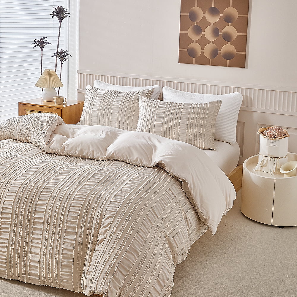 Soft Breathable Striped Textured Duvet Cover Bedding Khaki King Size