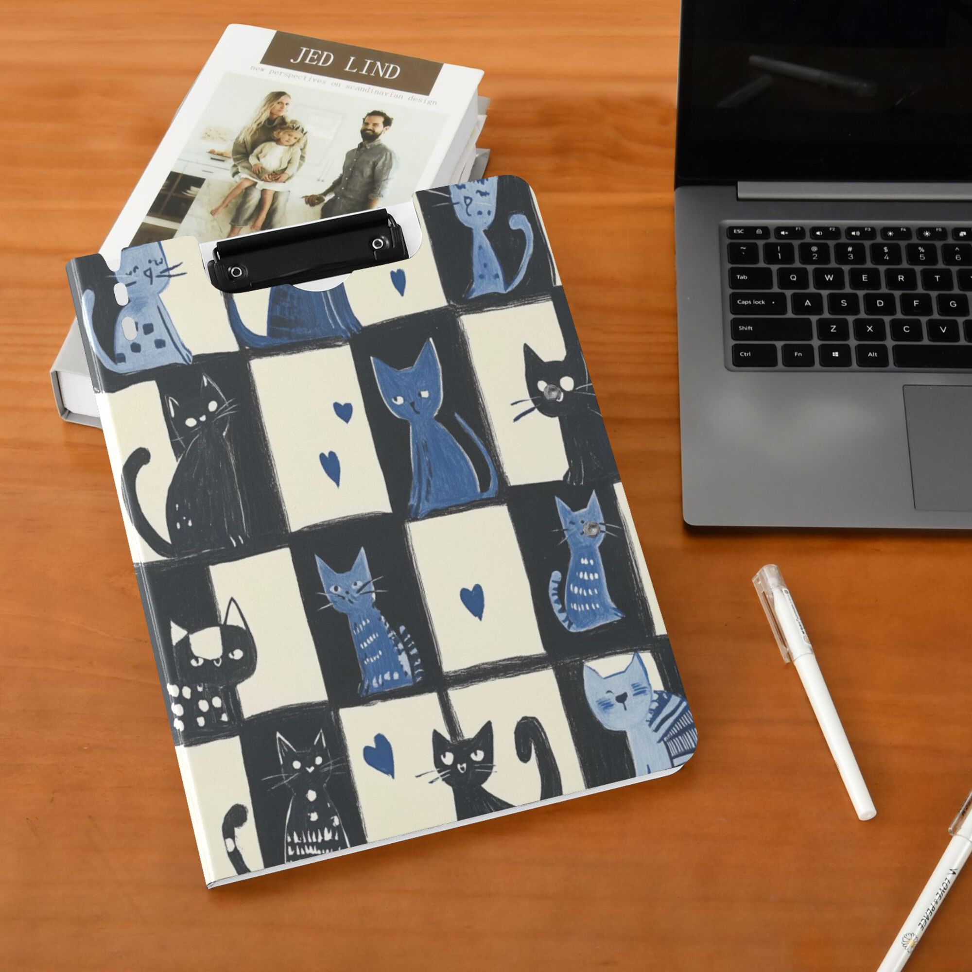 FORMRS A4 Clipboard Folder with Pen Holder Horizontal Foldable School Office Binder, Black and Blue Cat