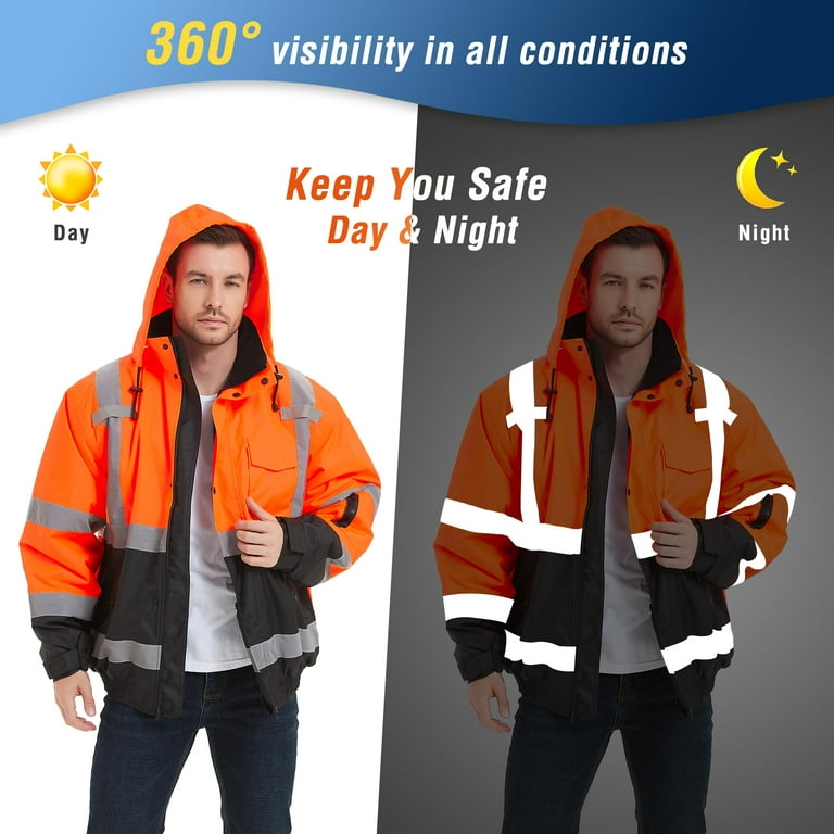 ProtectX High Visibility Safety Waterproof Bomber Jacket for Women Men, Hi Vis Reflective Winter Construction Jacket, Class 3, Orange, 3X-Large ProtectX High Visibility Safety Waterproof Bomber Jacket for Women Men, Hi Vis Reflective Winter Construction Jacket, Class 3, Orange, 3X-Large