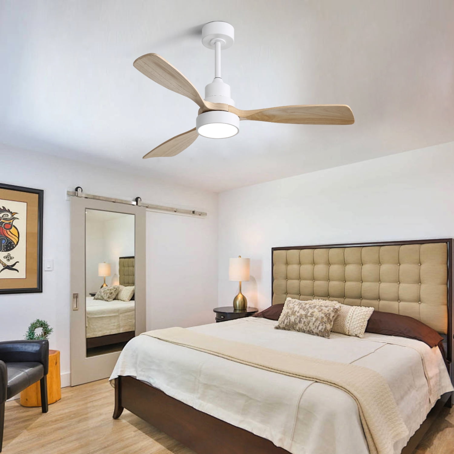 Sofucor 48 Inch Ceiling Fan with Light, Solid Wood Low Profile Ceiling Fans with Lights and Remote, Quiet DC Motor, 3 Blade Ceiling Fan for Bedroom Living Room Patio