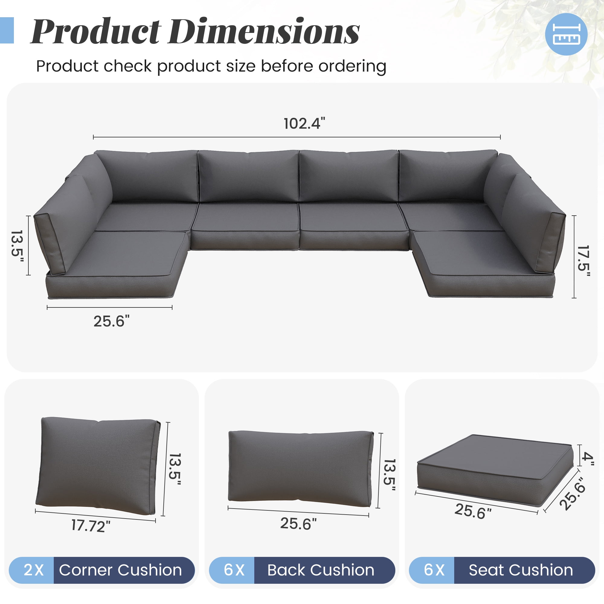 ELPOSUN 7-Piece Sectional Outdoor Cushion Set - Replacement Cushions for Patio Furniture, Waterproof & Weather-Resistant Lounge Sofa Cushions (Grey)
