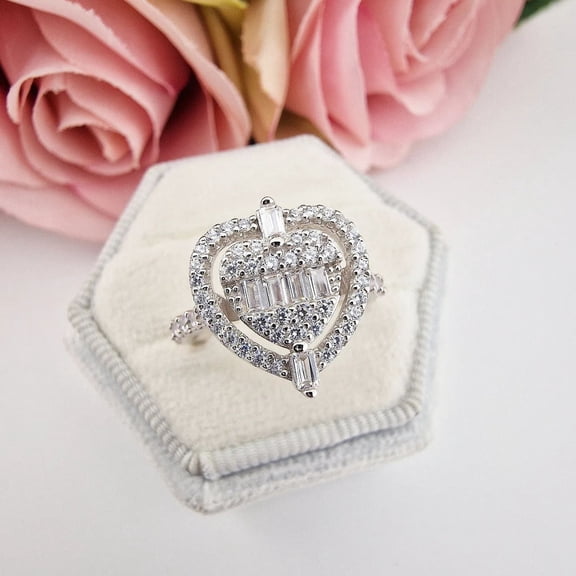 Silver & Stone Jewels Heart-Shaped CZ Ring 14K White Gold Finish Romantic Statement Ring for Women, Ideal Gift for Her