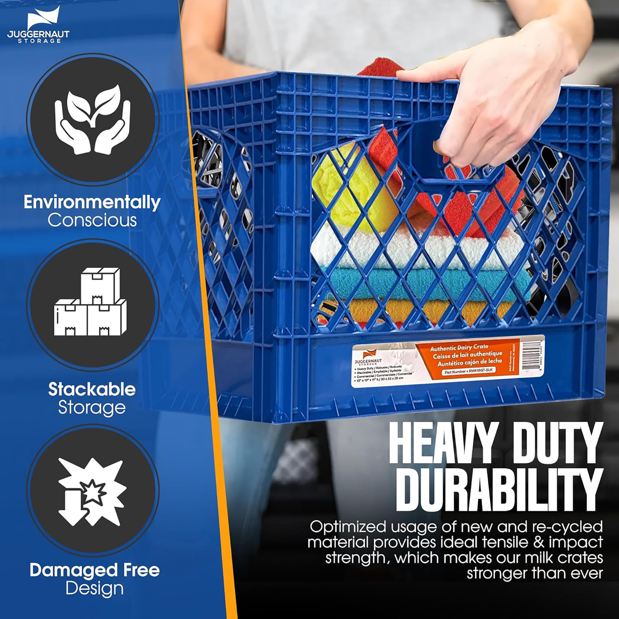 Juggernaut Storage: Milk Crate 2pk - 16 Qt, Blue - Multi-Purpose Storage Solution, Stackable Organization, Heavy-Duty Plastic Bins, Built-In Handles