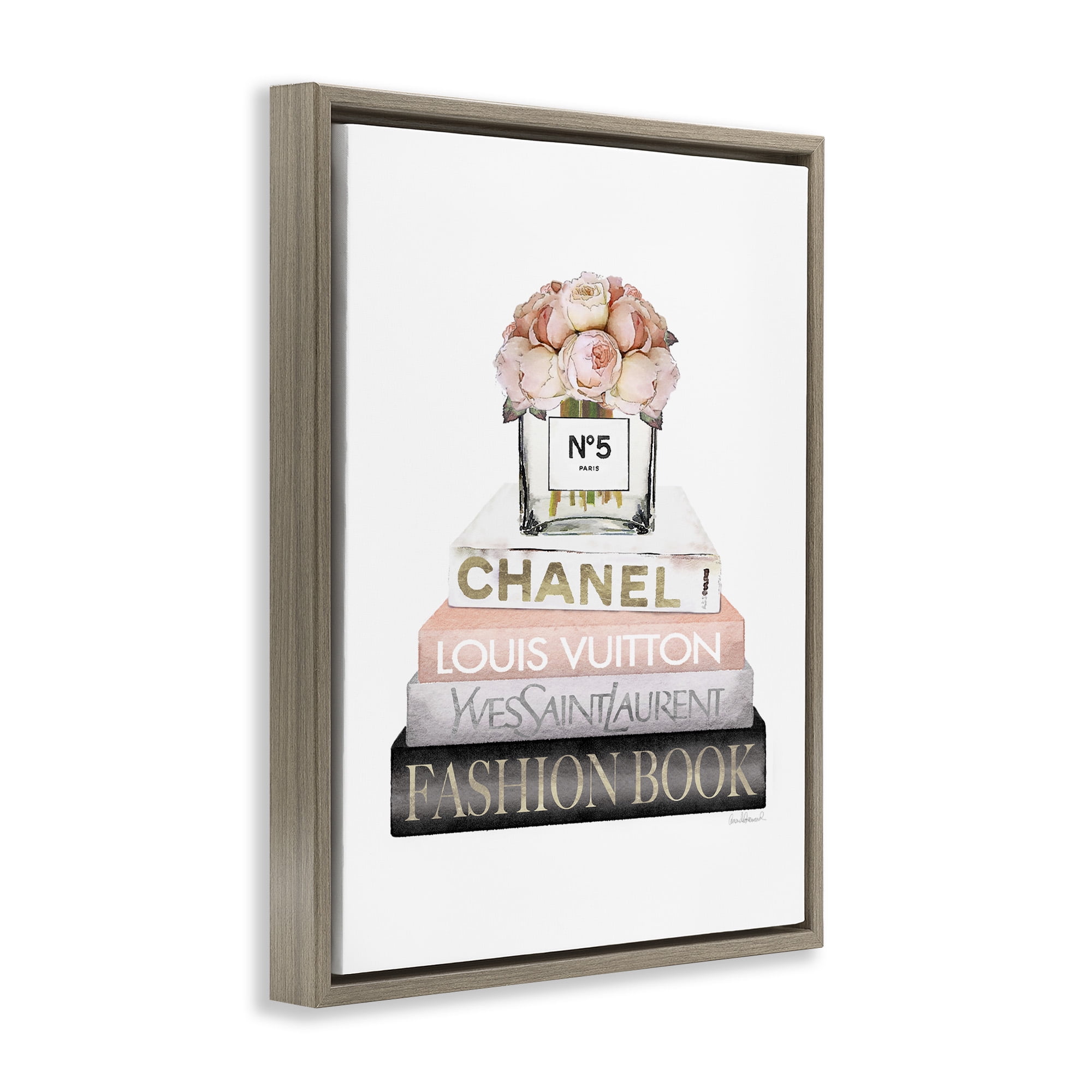 Stupell Industries Pink Fashion Book Stack Beauty & Fashion Painting Brown Floater Framed Canvas Art Print Wall Art, 25 x 31