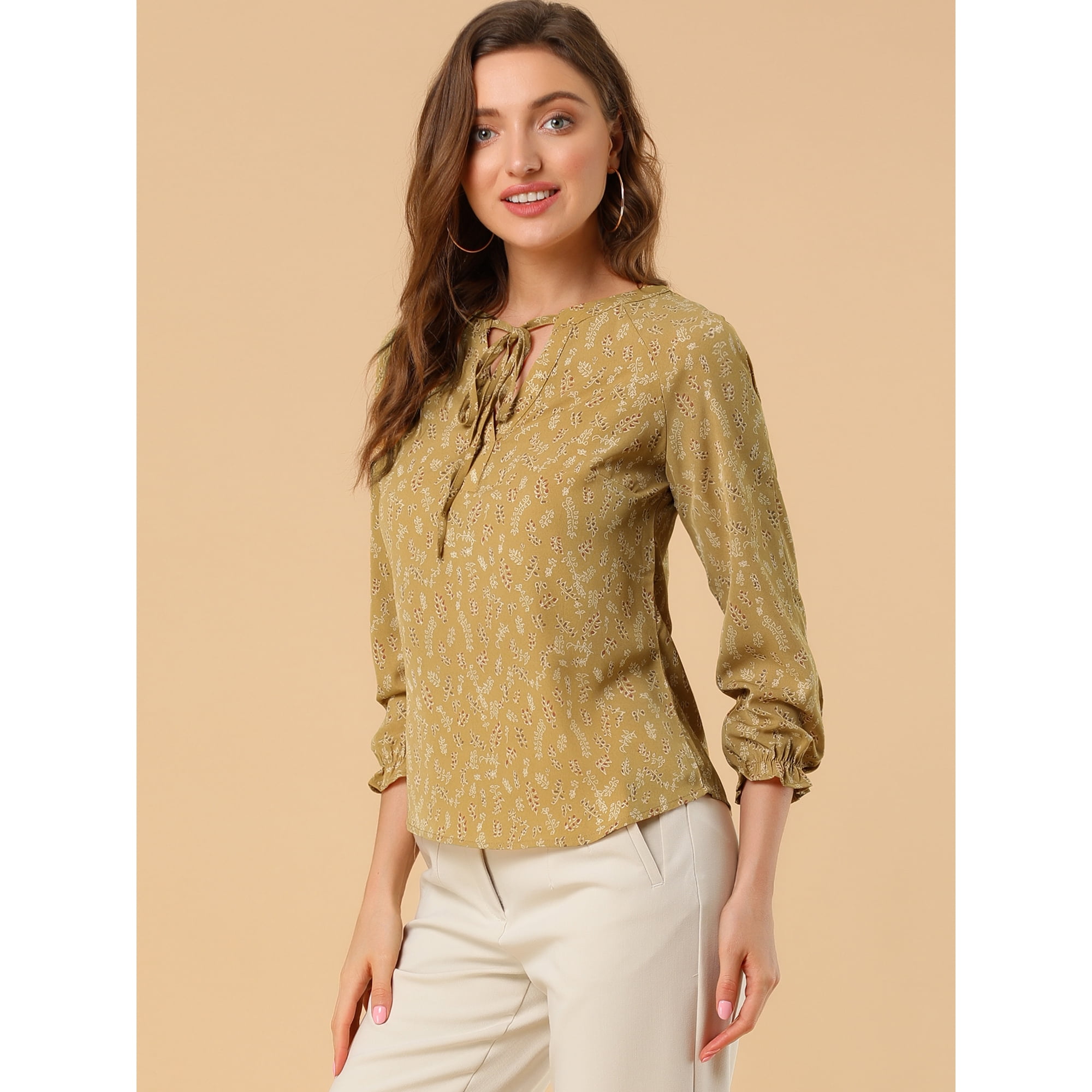 Unique Bargains Women s Boho Peasant Top Lantern Raglan Sleeve Tie Neck Blouse Shirt Walmart