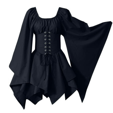

For Womens Trumpet Sleeve Irish Shirt Dress With Corset Traditional Dress Women M Gothic Retro Long Sleeve Corset Dress Summer Tunic Dress Black S