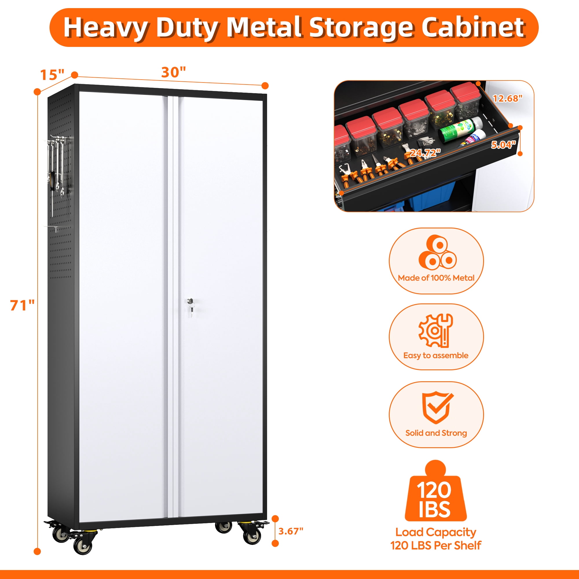 Aobabo 71" H Metal Garage Cabinet with Wheels with 5 Pegboards & 1 Drawer,Lockable Steel Tool Storage Cabinet for Garage,Home,Office,Warehouse,Assembly Required,Black+Gray