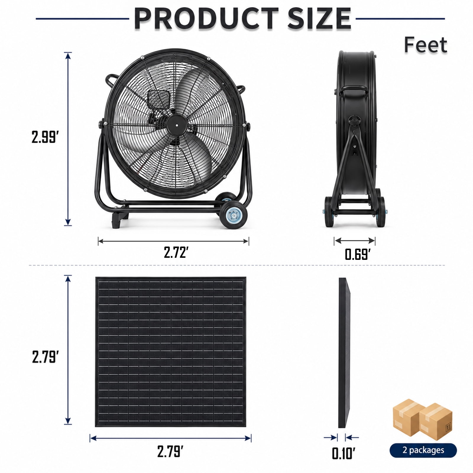 30-Inch Wheeled Solar Fan with 140W Adjustable Panel and Remote Control, 3-Speed Brushless Vent Fan for Workshop and Greenhouse, Black