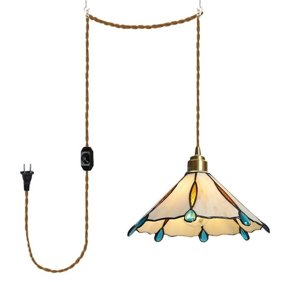 FSLiving Plug-in Pendant Hanging Light with 15FT Power Cord Tiffany Handmade Stained Glass Beige Shade Dimmable Pendant Lamp for Bedside, Bay-Window, Kitchen, Dining Table - 1 Pack