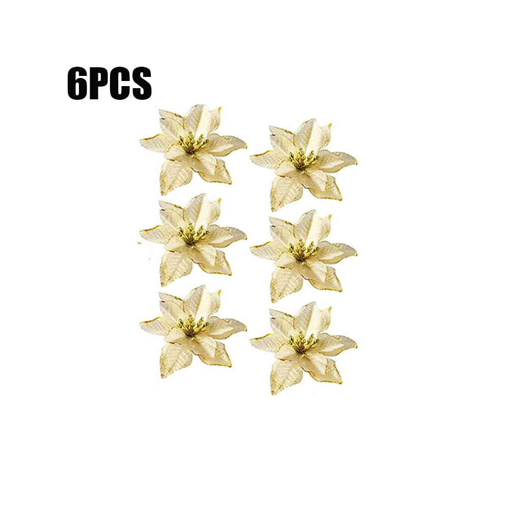 6PCS Glitter Christmas Artificial Flowers Christmas Poinsettia Decor Christmas Tree Wreaths Ornaments for Christmas Home Wedding Party