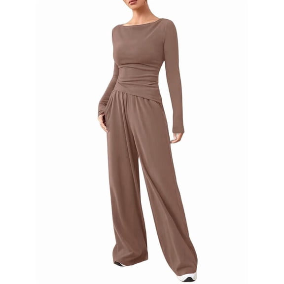 Women'S 2 Piece Matching Lounge Set Long Sleeve Boat Neck Top Wide Leg Pants Casual Sweatsuit Khaki L