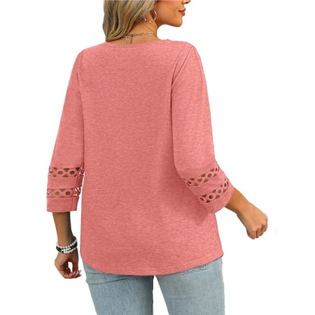 WellSize 3/4 Sleeve Womens Plus Size Tops V Neck Trendy Tunic Blouses Curved Hem Casual Shirts