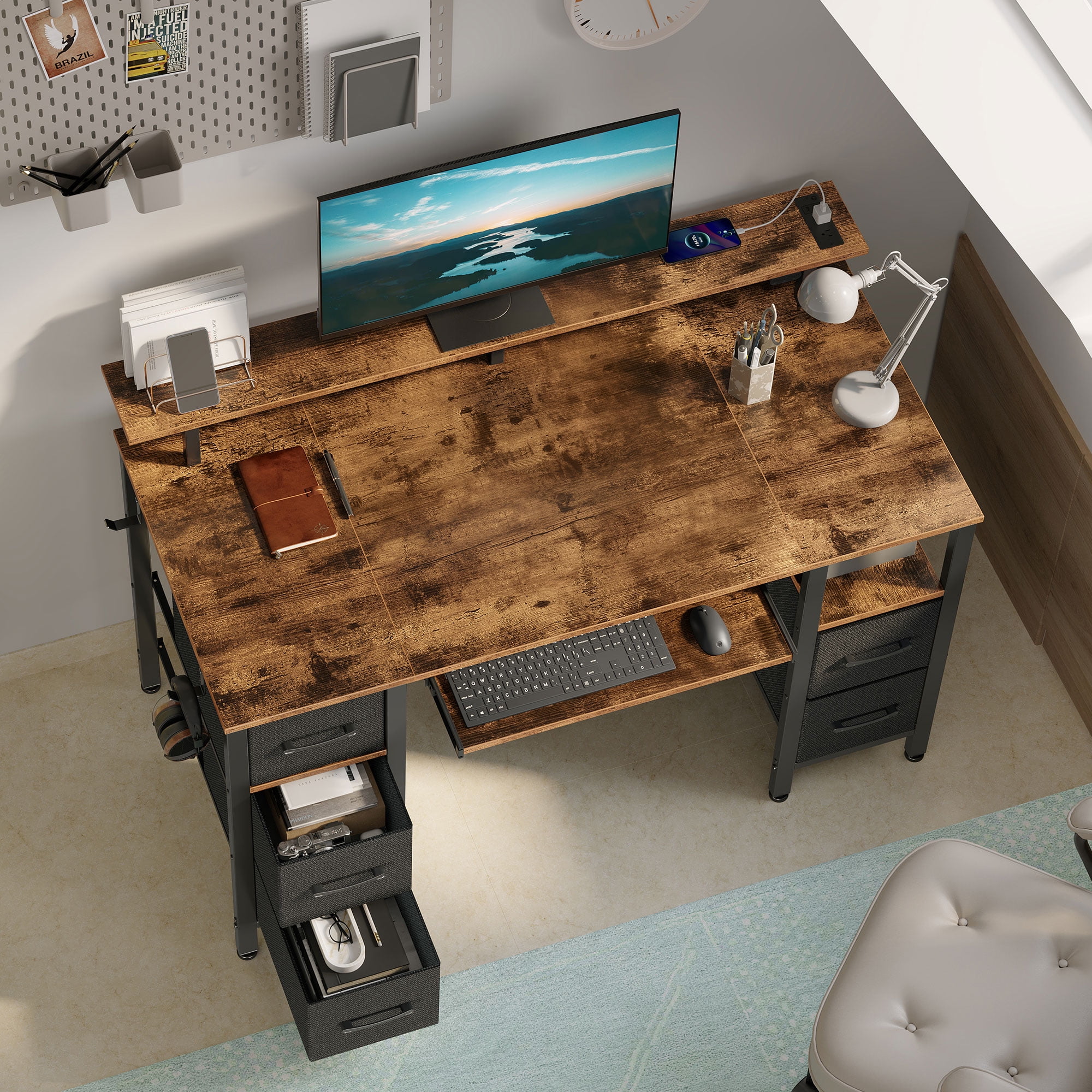 Greenstell 55 inch Gaming Desk with LED Lights, I-Shaped Computer Desk with Storage Drawers, Outlets and Monitor Stand,Home Office Desk, Rustic Brown