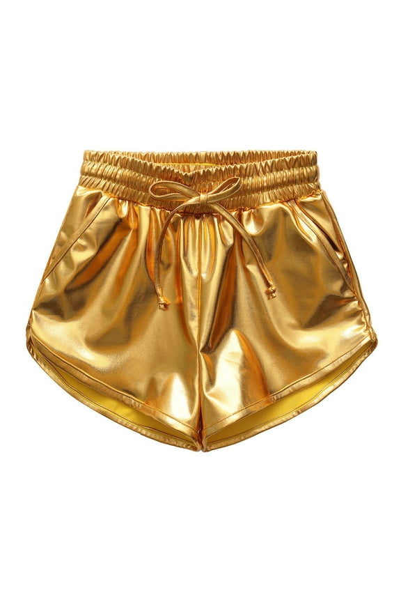 Girls Metallic Shorts Summer Shorts Sparkly Dance Outfits Kids Shiny Hot Pants Elastic Waistband Shorts With Pockets Soft Children's Sports Pants For 7-8 Years