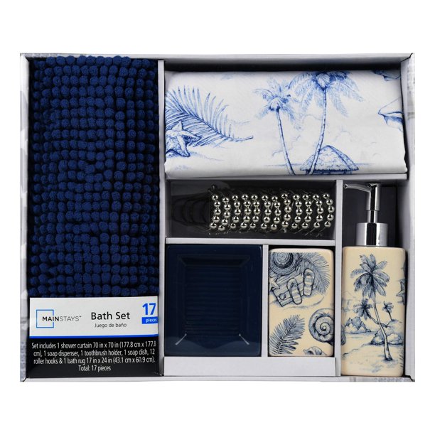 Mainstays 17Piece Bathroom Set, Blue Vacation