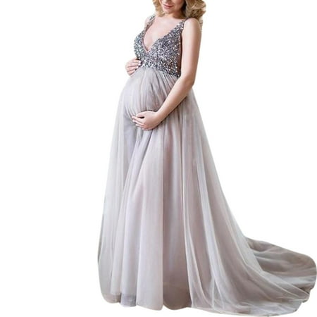 

asdoklhq Maternity Dresses for Women Plus Size Women Pregnant Sling V Neck Sequin Cocktail Long Maxi Prom Gown Dress