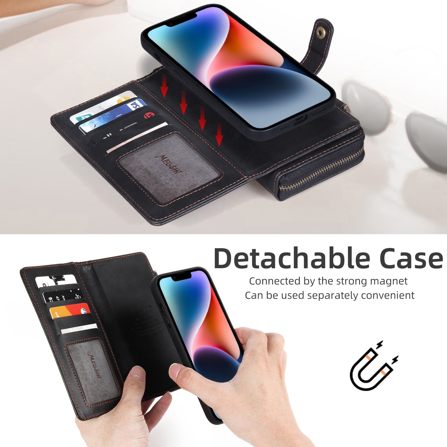 ELEHOLD Flip Wallet Case for iPhone 14 PU Leather Purse Case with Large Capacity 13 Card Slots Zipper Pocket Kickstand Magnetic Detachable Case Cross Body Shoulder Strap Shockproof Protective,Black