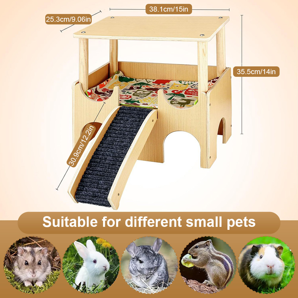 Qiyester Guinea Pig Castle Wooden Hamster House Animal  Hideout Habitat with Stairs for Chinchilla Hedgehog Rabbit Bunny