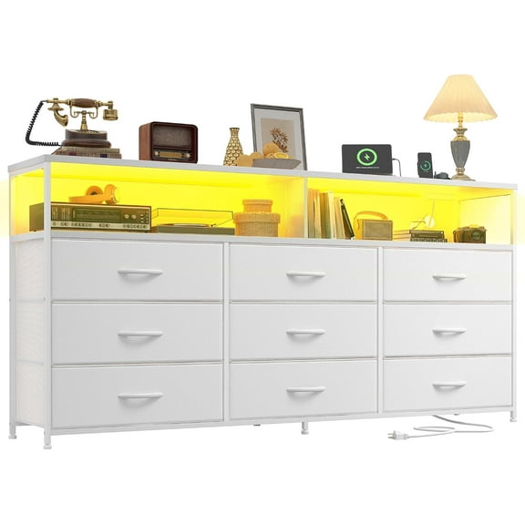 55" W White Dresser for Bedroom with 9 Drawers, LED TV Stand with Power Outlets for 45, 55, 65 Inch TV, Sturdy Long Chest of Drawers with Extra 2 Storage Wooden Shelves, 55.1" W x 35.4" H x 11.8" D