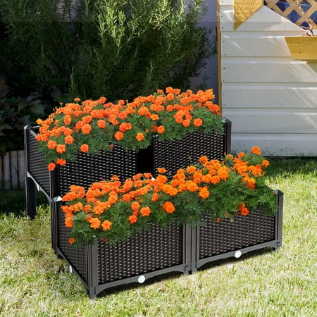 Costway Set of 4 Raised Garden Bed Elevated Flower Vegetable Herb Grow Planter Box - Brown + Black