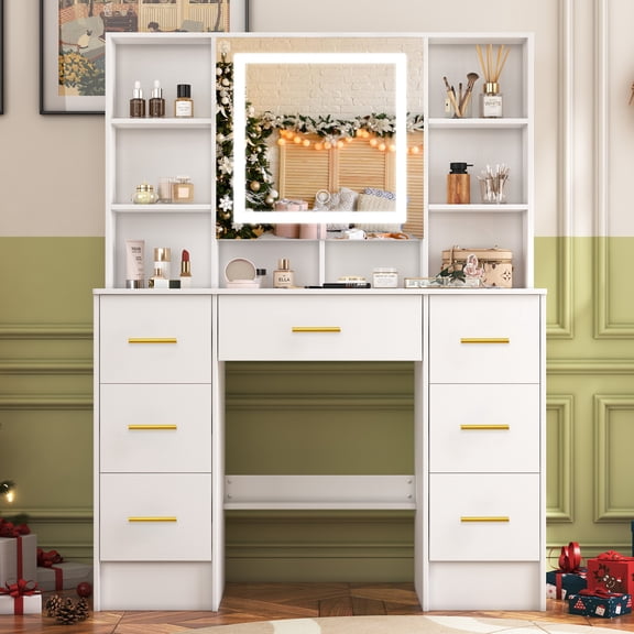 Teousev Makeup Vanity Desk with LED Lighted Mirror, White Vanity Table with 7 Drawers, Modern Dressing Table for Women