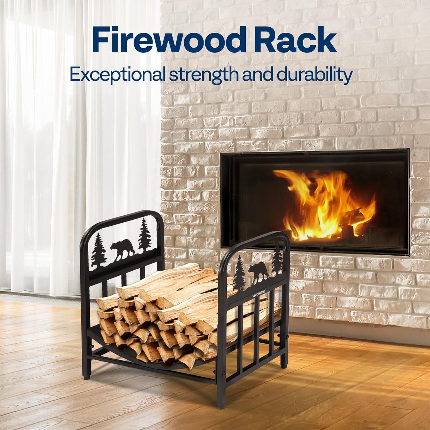 SPECSTAR 16.5 in Decorative Firewood Storage Log Rack with Bear Pattern, Solid Wrought Iron Fireplace Wood Holder Stacker, Indoor Outdoor Waterproof Rustproof