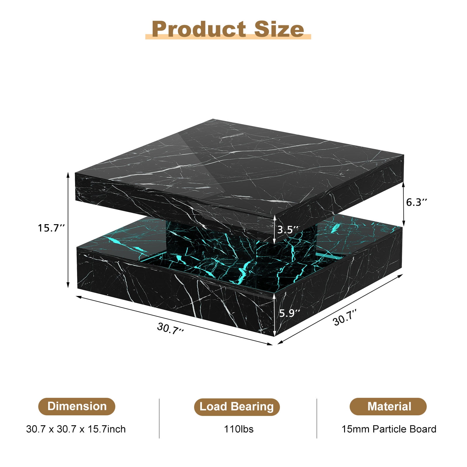 Hironpal Hironpal Modern Black Marble Square LED Coffee Table - 2-Tier Storage, 20-Color LED Light, Contemporary Glossy Cocktail Tea Table for Home Office Reception